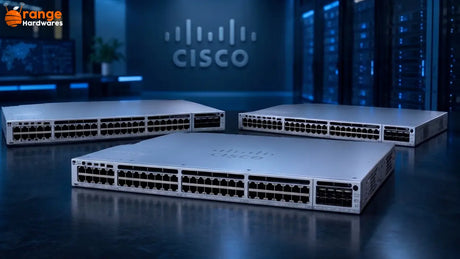 Three Cisco Catalyst 9300 series switches with Ethernet ports and uplink modules in a data center