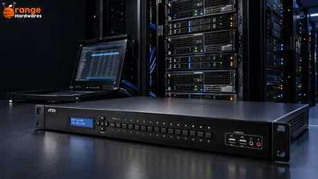 8, 16, and 32-port KVM switches connected to server rack with shared keyboard, monitor, and mouse console