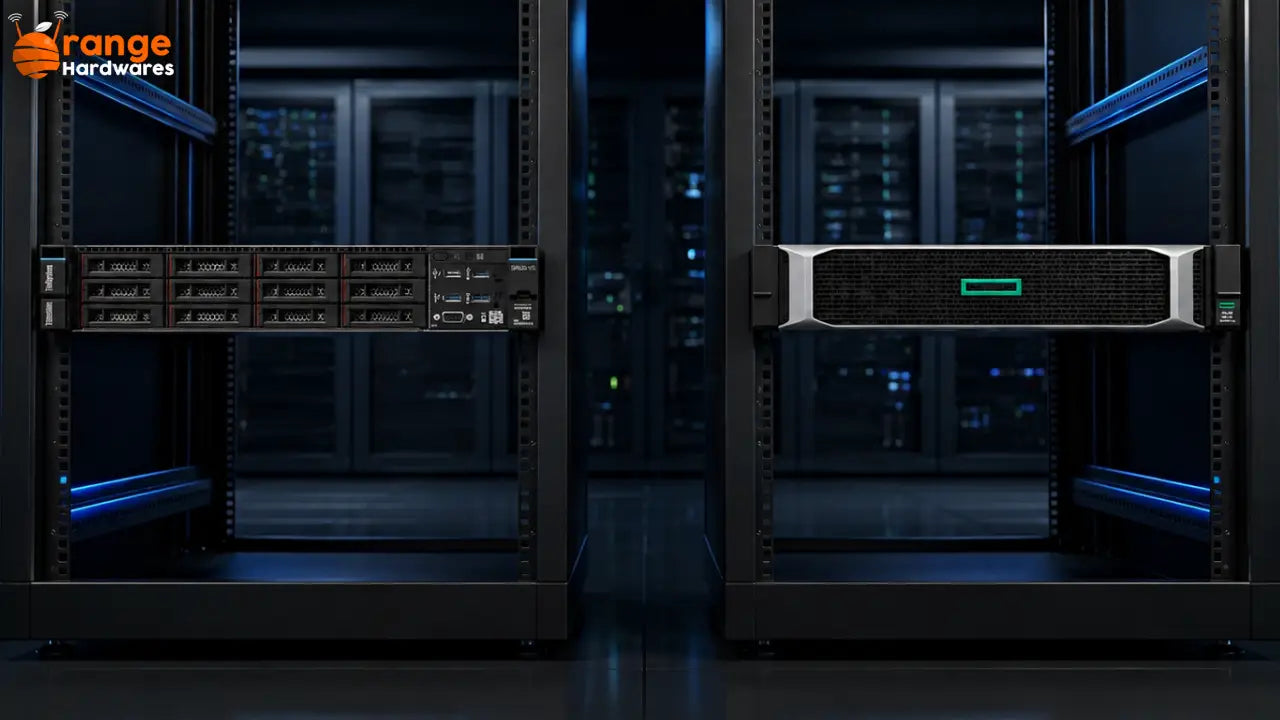 Lenovo ThinkSystem SR630 and HPE ProLiant DL360 Gen10 rack servers side by side for comparison