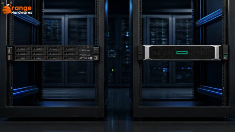 Lenovo ThinkSystem SR630 and HPE ProLiant DL360 Gen10 rack servers side by side for comparison