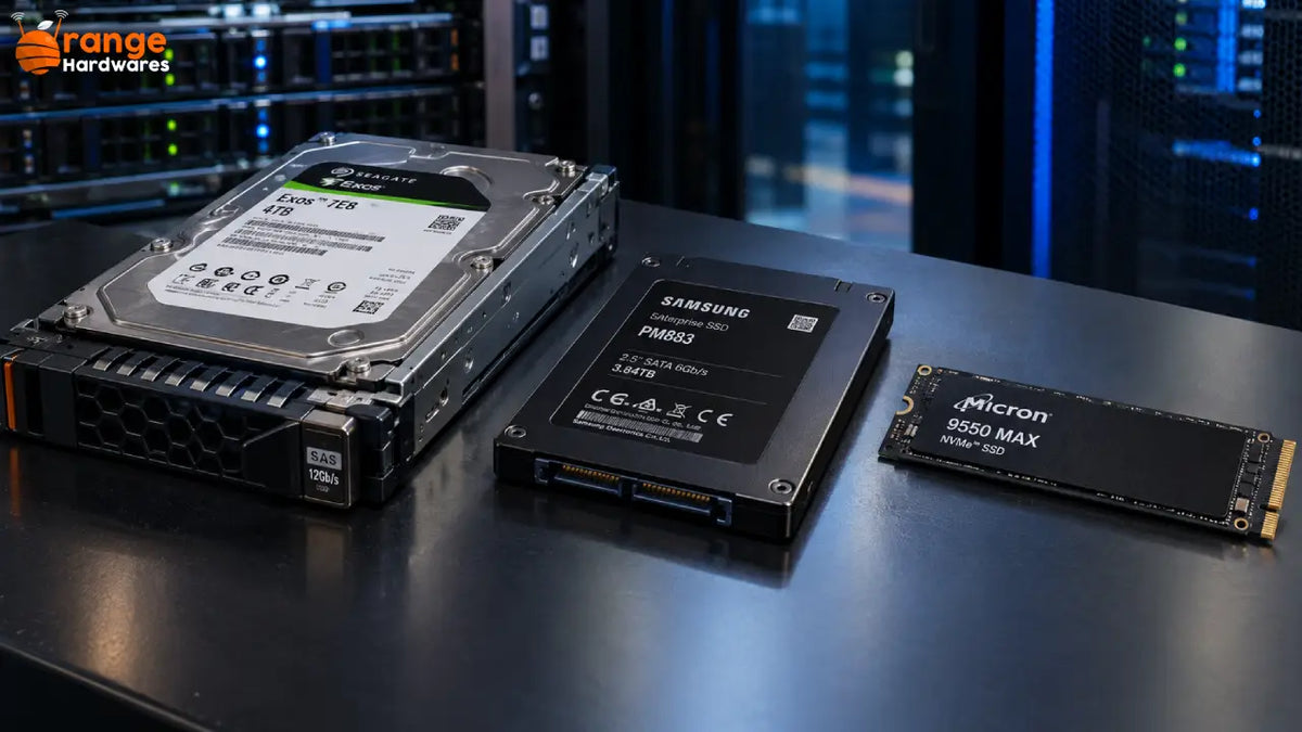 Comparison of SAS, SATA and NVMe server drives showing differences in interface, speed and cost