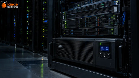 Server room rack with UPS unit, servers, and PoE switch showing power load and battery runtime sizing