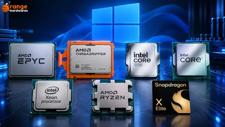 Windows 11 compatible processors list featuring AMD EPYC, Threadripper, Ryzen, Intel Core, Xeon and Snapdragon X Elite