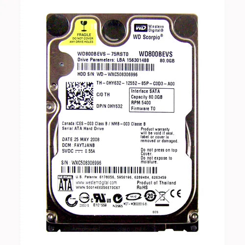 0HY632 Dell 80GB 5400RPM SATA 1.5Gb/s 8MB Cache 2.5-Inch Hard Drive