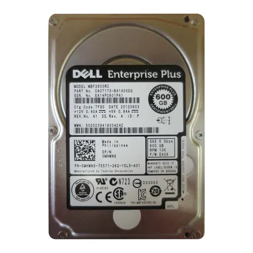0MHWN8 Dell 600GB 10000RPM SAS 6Gb/s Hot-Swappable 64MB Cache 2.5-Inch Hard Drive