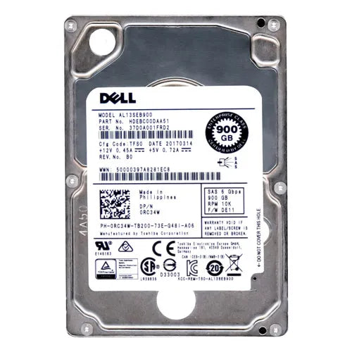 0RC34W Dell 900GB 10000RPM SAS 6Gb/s Hot-Pluggable Dual Port (512n) 2.5-Inch Hard Drive with Tray for PowerEdge Server & PowerVault Storage Array