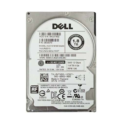 0VTHDD Dell 1.8TB 10000RPM SAS 12Gb/s Hot-Pluggable 64MB Cache Dual Port (512e) 2.5-Inch Hard Drive with Tray for PowerEdge Server & PowerVault Server