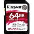 Kingston - SDR/64GB - Canvas React 64GB Class 10 SDXC UHS-I U3 V30 A1 100MB/s Read 80MB/s Write Flash Memory Card