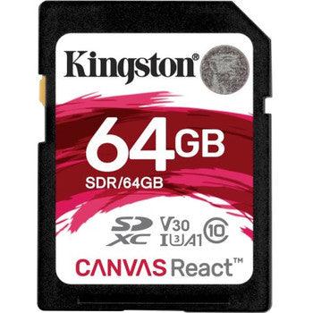 Kingston - SDR/64GB - Canvas React 64GB Class 10 SDXC UHS-I U3 V30 A1 100MB/s Read 80MB/s Write Flash Memory Card