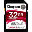 Kingston - SDR/32GB - Canvas React 32GB Class 10 SDHC UHS-I U3 V30 A1 100MB/s Read 70MB/s Write Flash Memory Card