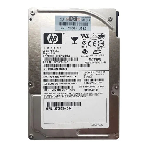 375696-002 HP 72GB 10000RPM SAS 3Gb/s Hot-Pluggable Single Port SFF 2.5-inch Enterprise Hard Drive with Tray for Gen1/7 ProLiant Server