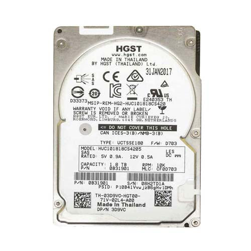 3D9VC Dell 1.8TB 10000RPM SAS 12Gb/s Hot-Pluggable (512e) (SED) 2.5-Inch Hard Drive with Tray for PowerEdge Server