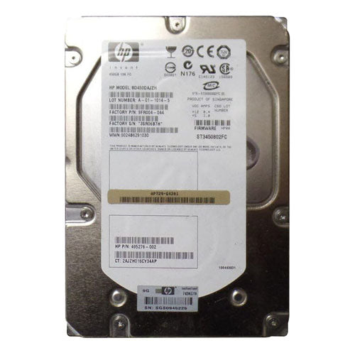 495276-002 HP 450GB 10000RPM Fibre Channel 2Gb/s Hot Swappable 40-Pin 3.5-inch Hard Drive with Tray for StorageWorks EVA M6412A