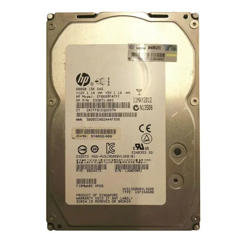 516832-005 HP 600GB 15000RPM SAS 6Gb/s 64MB Cache Hot-Pluggable Dual Port LFF 3.5-inch Hard Drive with Tray for Gen5/6 ProLiant Server
