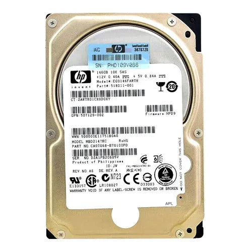 518011-001 HP 146GB 10000RPM SAS 6Gb/s SFF Hot-Pluggable Dual Port 2.5-inch Hard Drive with Tray for Gen1 to Gen7 ProLiant Server
