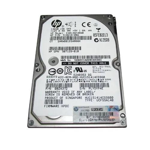 518216-002-RFB - HP 146GB 15000RPM SAS 6Gb/s SFF Hot-Pluggable Dual Port 2.5-inch Hard Drive with Tray for Gen1 to Gen7 ProLiant Server