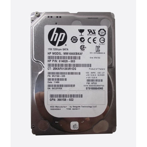 614828-003 HP 1TB 7200RPM SATA 3Gb/s SFF Hot-Pluggable 2.5-inch Midline Hard Drive with Tray for Gen1/7 ProLiant Server/Storage Array