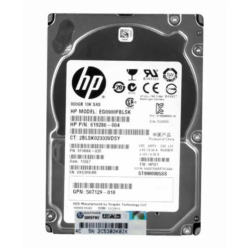 619286-004 HP 900GB 10000RPM SAS 6Gb/s Hot-Pluggable Dual Port SFF 2.5-inch Enterprise Hard Drive with Smart Carrier for Gen8/9 ProLiant Server/Storage Array