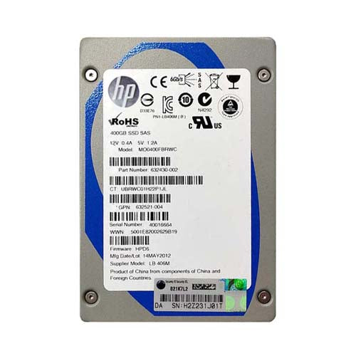 632430-002 HP 400GB Multi-Level Cell SATA 3Gb/s Hot-Pluggable Mainstream 2.5-Inch Enterprise Solid State Drive for ProLiant Servers