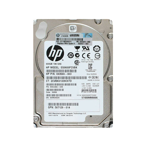 653957-001 HP 600GB 10000RPM SAS 6Gb/s SFF Hot-Pluggable 2.5-inch Hard Drive with Smart Carrier for Gen8/9 ProLiant Server/Storage Array