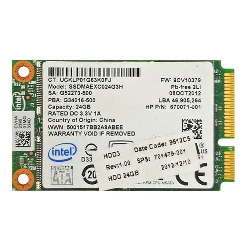 670071-001 HP 24GB SLC SATA 3Gb/s mSATA Solid State Drive