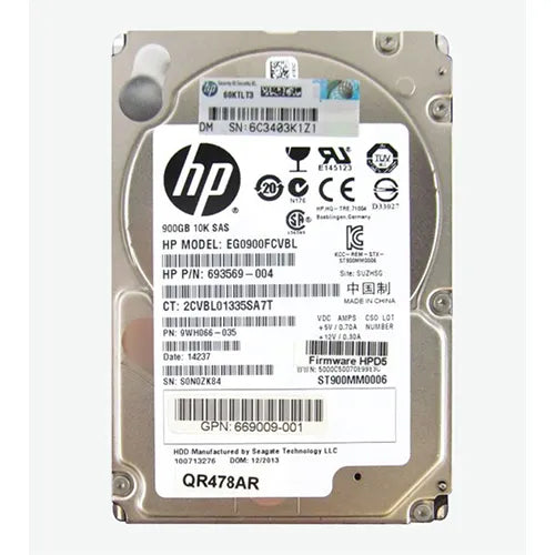 693569-004 HP 900GB 10000RPM SAS 6Gb/s Hot-Pluggable SFF 2.5-inch Enterprise Hard Drive with Smart Carrier for Gen8/9 ProLiant Server