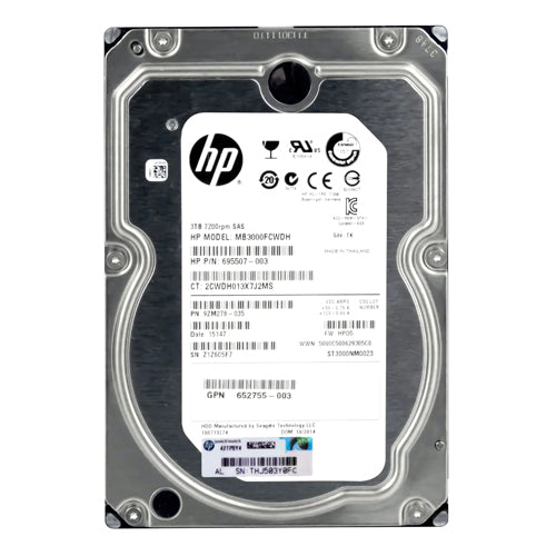 695507-003 HP 3TB 7200RPM SAS 6Gb/s Hot-Pluggable Dual Port LFF 3.5-inch Midline Hard Drive with Tray for ProLiant Server