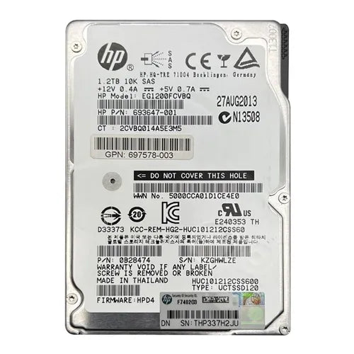 697578-003 HP 1.2TB 10000RPM SAS 6Gb/s 64MB Cache Hot-Pluggable (512n) SFF 2.5-inch Enterprise Hard Drive with Smart Carrier for Gen8/9 ProLiant Server