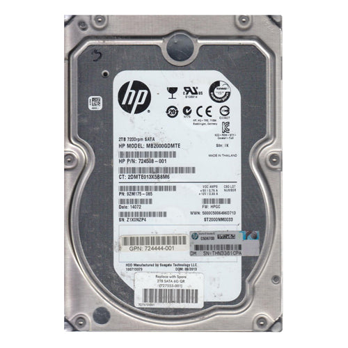 724508-001 HP 2TB 7200RPM SATA 6Gb/s Hot-Swappable 512n 3.5-Inch Midline Hard Drive for ProLiant Servers