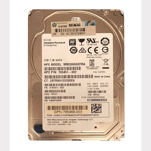 765468-003 HP 2TB 7200RPM SATA 6Gb/s 512e 2.5-Inch Hard Drive with Smart Carrier