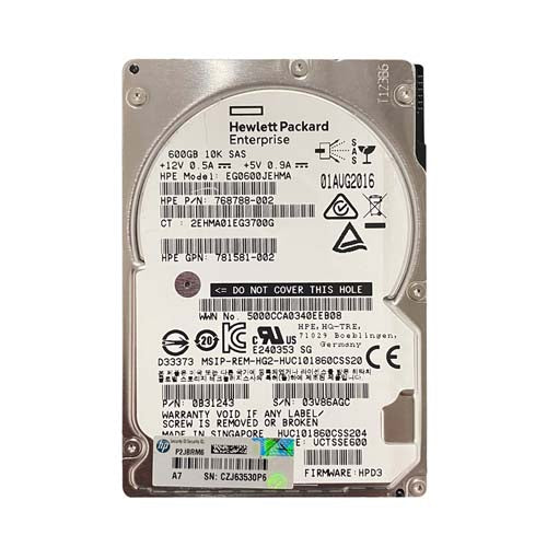 768788-002 HP 600GB 10000RPM SAS 12Gb/s Hot-Pluggable SFF 2.5-inch Enterprise Hard Drive with Smart Carrier for Gen8/9 ProLiant Server/Storage Array