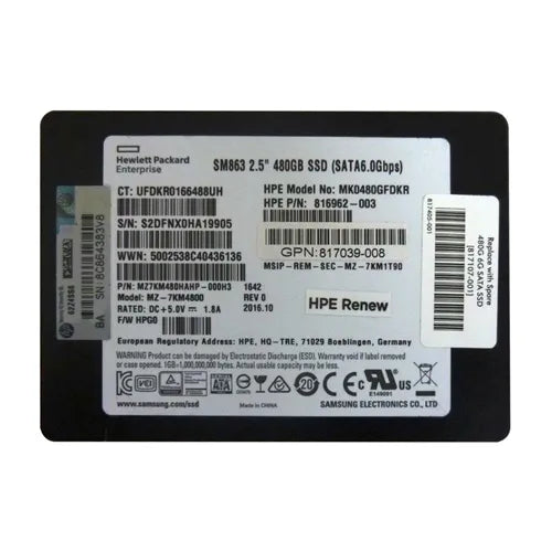 816962-003 HP 480GB Multi-Level Cell SATA 6Gb/s Mixed Use-3 2.5-Inch Solid State Drive