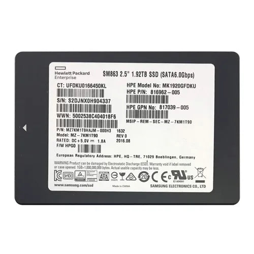816962-005 HP 1.92TB Multi-Level Cell SATA 6Gb/s Hot Pluggable Mixed Use-3 SFF 2.5-Inch Solid State Drive with Smart Carrier for ProLiant XL170r Gen9