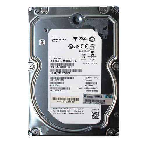 820409-001 HP 2TB 7200RPM SAS 12Gb/s Hot-Pluggable 3.5-Inch Midline Hard Drive with Tray for ProLiant Servers