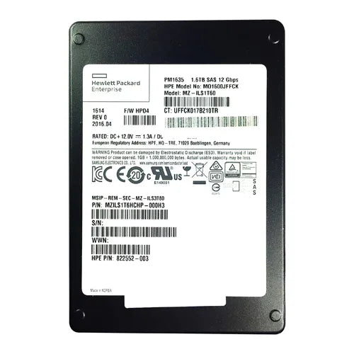 822552-003 HP 1.6TB SAS 12Gb/s Mixed Use Mainstream Endurance Hot-Swappable 2.5-Inch Solid State Drive with SmartDrive Carrier for ProLiant Servers