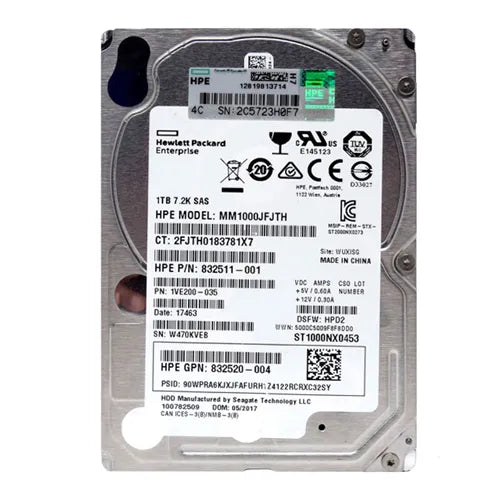 832520-004 HP 1TB 7200RPM SAS 12Gb/s 128MB Cache 512n 2.5-Inch Midline Hard Drive