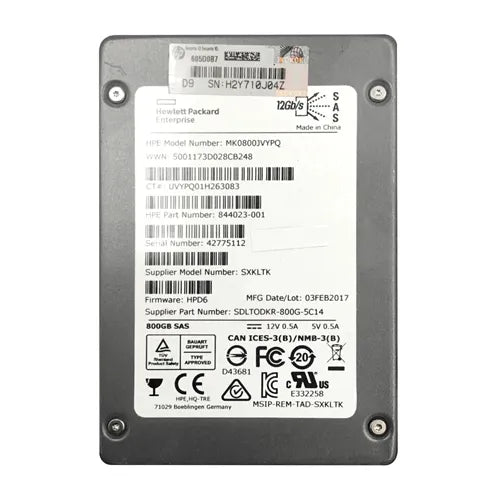 844023-001 HP 800GB Multi-Level Cell SAS 12Gb/s Hot Swappable Mixed Use SFF 2.5-Inch Enterprise Solid State Drive with Smart Carrier for ProLiant DL560 Gen10