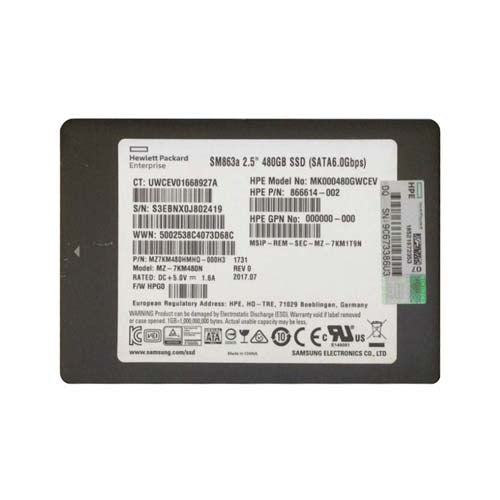 866614-002 HP 480GB SATA 6Gb/s Hot-Pluggable Mixed Use 2.5-Inch Enterprise Solid State Drive for ProLiant Server and Storage Array