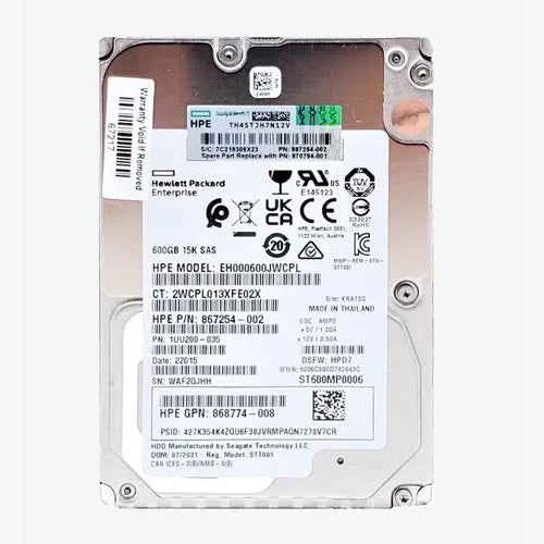 867254-002 HP 600GB 15000RPM SAS 12Gb/s Hot-Pluggable 3.5-inch Hard Drive with Low Profile 1.0-inch Tray for Gen10/11 ProLiant Server