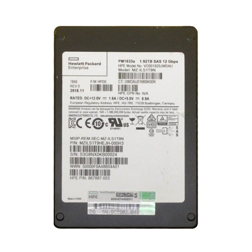 867887-003 HP 1.92TB MLC SAS 12Gb/s Hot Pluggable Read Intensive 2.5-Inch Solid State Drive with Smart Carrier for ProLiant XL230k G10