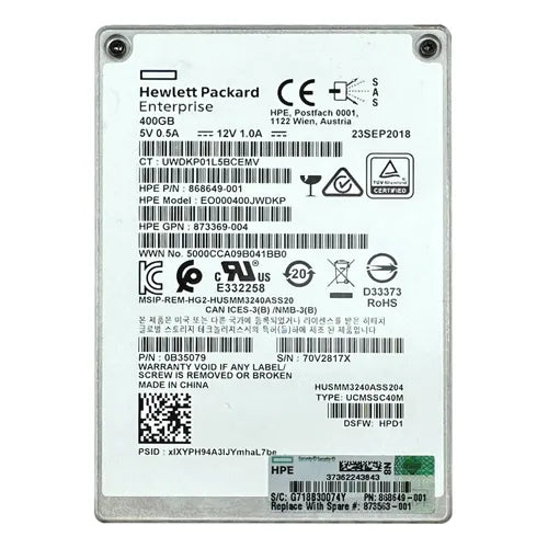 868649-001 HP 400GB Multi-Level Cell SAS 12Gb/s Hot Pluggable Write Intensive SFF 2.5-Inch Solid State Drive for ProLiant Servers and Storage Arrays