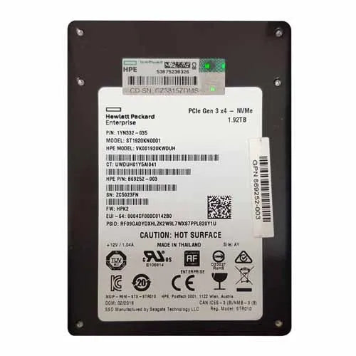 869252-003 HP 1.92TB Multi-Level Cell PCI Express NVMe x4 Hot Pluggable Read Intensive SFF 2.5-Inch Solid State Drive with Smart Carrier for ProLiant DL380 Gen10