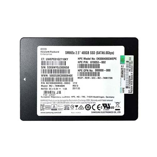870053-002 HP 400GB SATA 6Gb/s Write Intensive 2.5-Inch Solid State Drive with Smart Carrier for ProLiant Server BL460c Gen10