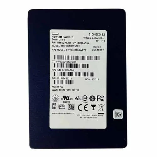 870667-004 HP 1.92TB MLC SATA 6Gb/s Read Intensive SFF 2.5-Inch Solid State Drive with Smart Carrier for ProLiant ML110 Gen10