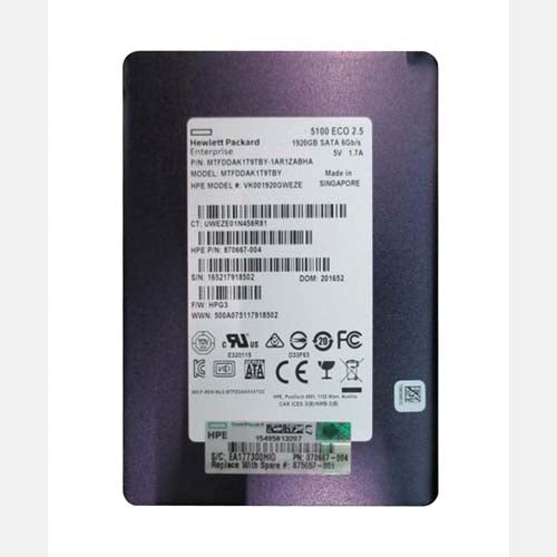 875657-001 HP 1.92TB MLC SATA 6Gb/s Read Intensive SFF 2.5-Inch Solid State Drive with Smart Carrier for ProLiant ML110 Gen10