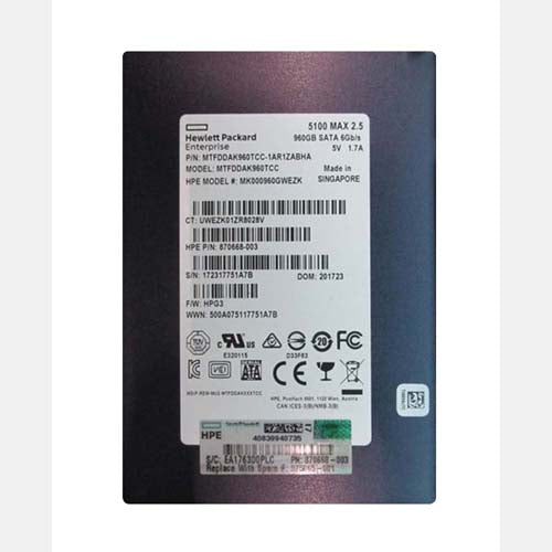 875865-001 HP 960GB SATA 6Gb/s Hot Swappable Mixed Use SFF 2.5-Inch Solid State Drive with Smart Carrier for ProLiant DL560 Gen10
