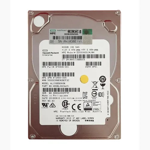 876936-001 HP 600GB 10000RPM SAS 12Gb/s Hot Pluggable 2.5-Inch Hard Drive for SAN Storage Array