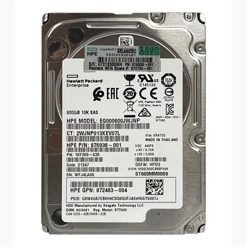 876938-001 HP 600GB 1000RPM SAS 12Gb/s Hot-Swappable 512n 2.5-Inch Hard Drive for G1-G7 Proliant