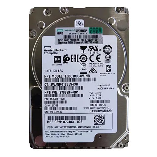 876939-001 HP 1.8TB 10000RPM SAS 12Gb/s Hot Pluggable 512e SFF 2.5-Inch Enterprise Hard Drive with Hot Pluggable Smart Carrier for ProLiant BL465c Gen9