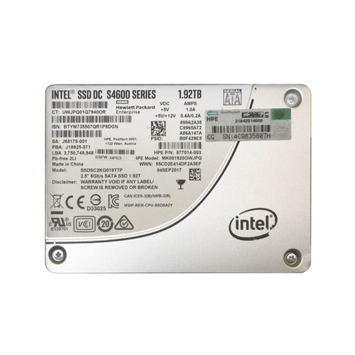877014-003 HP 1.92TB SATA 6Gb/s Hot-Pluggable Mixed Use 2.5-Inch Enterprise Solid State Drive for ProLiant Server and Storage Array